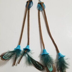 Teal Blue Water Droplet Bluebell-Flower-Pheasant-Feather Earring Pair